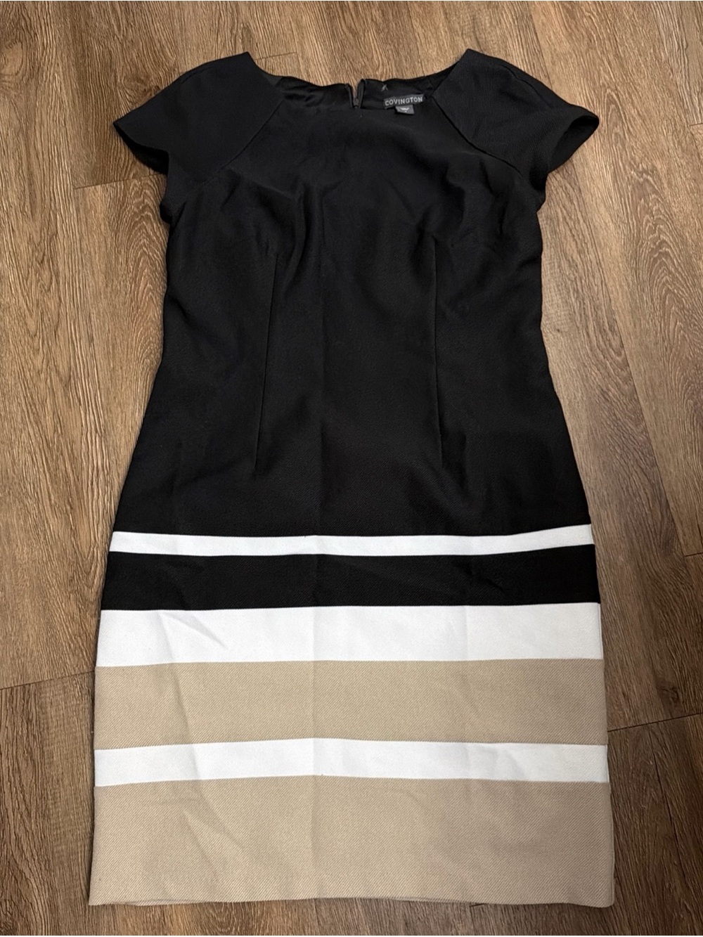 Covington Black Colorblock Sheath Dress with Beige & White Stripes